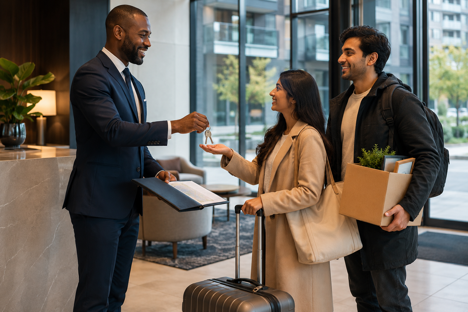 New residents receiving keys and arrival support in a modern Toronto lobby