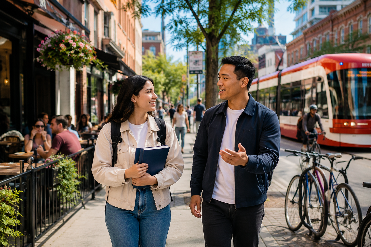 Two people talking on a lively Toronto-style city street without CN Tower