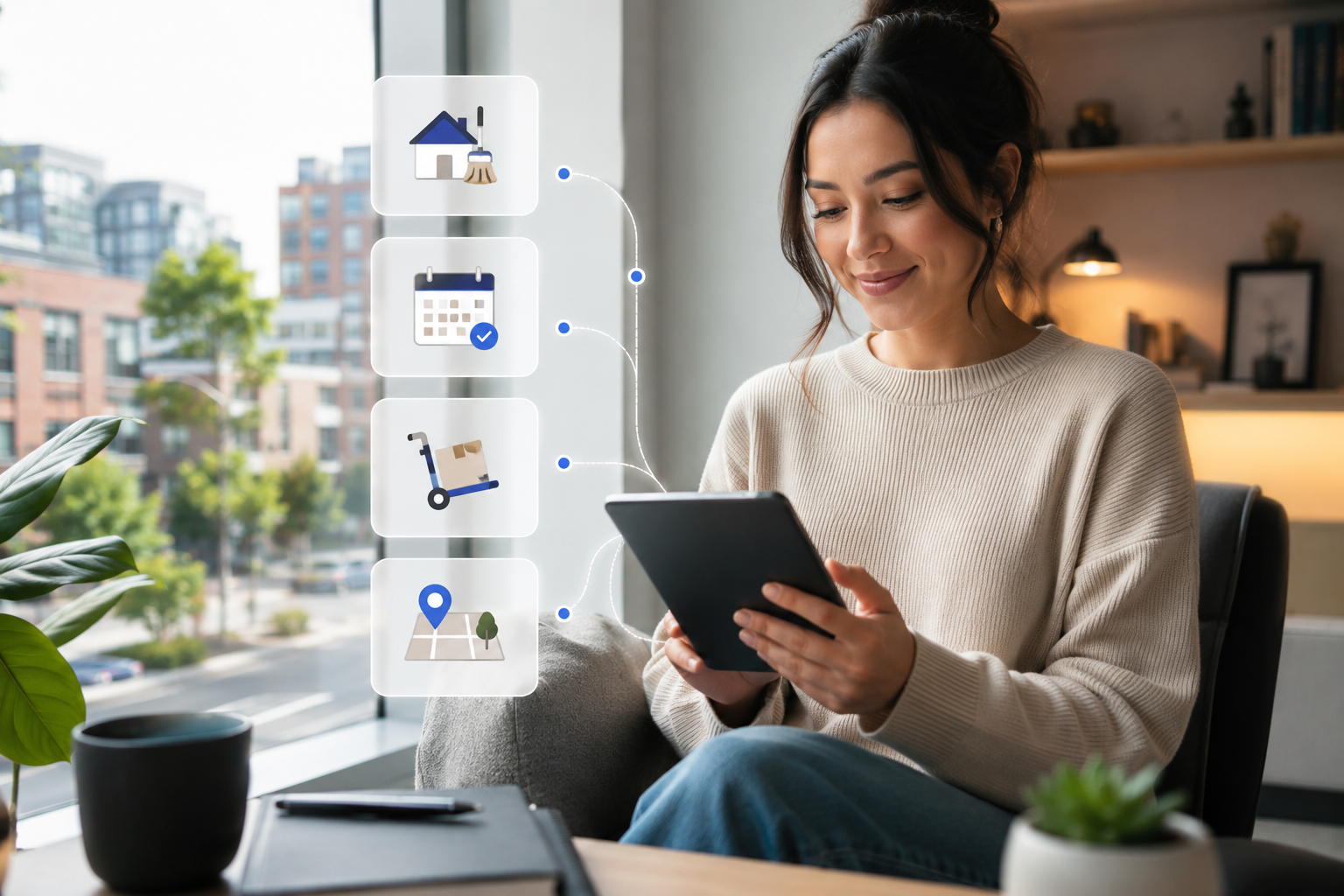Person using a tablet to manage home and city help services